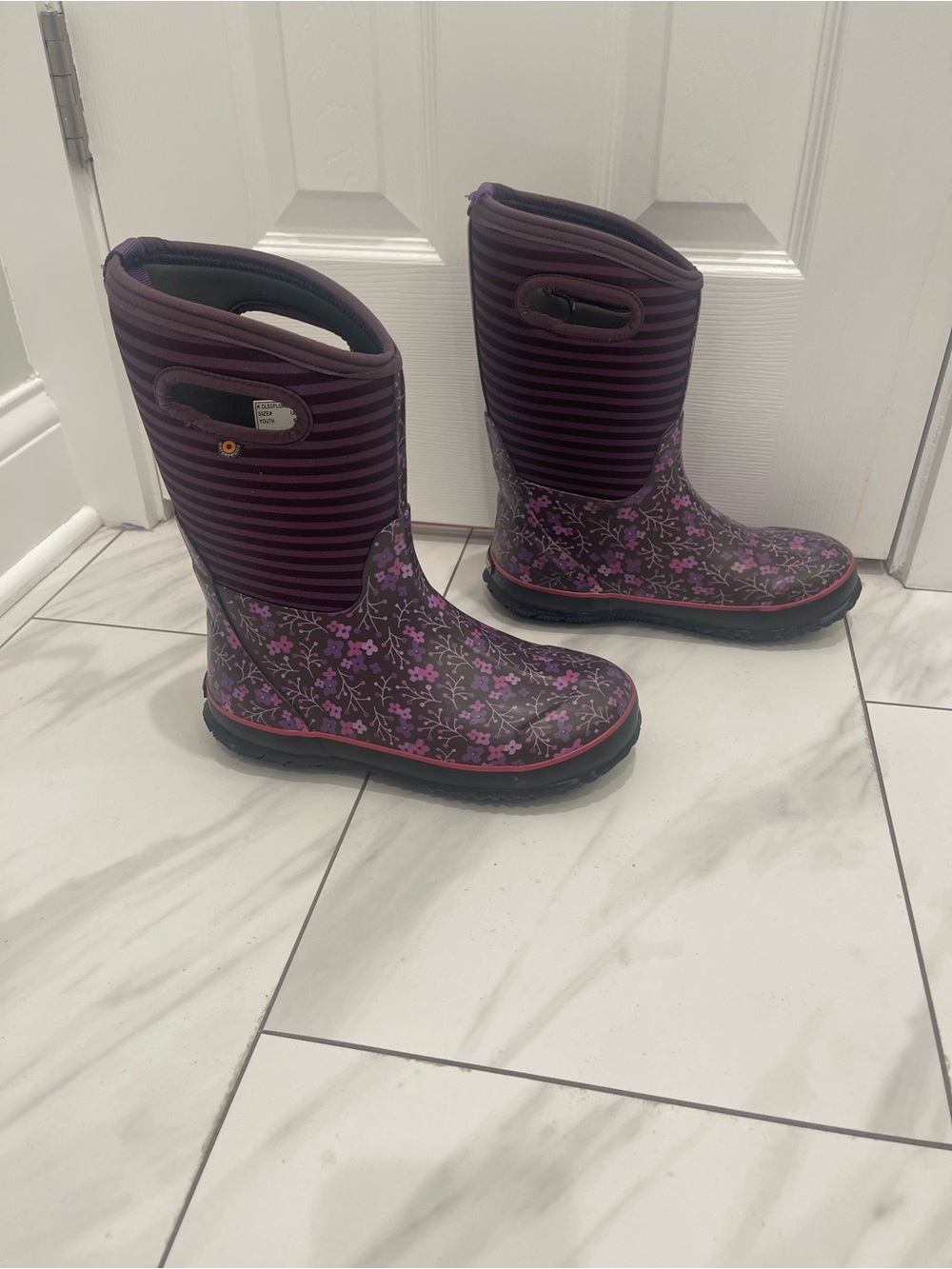 Bogs Purple Floral Kids Waterproof Pull-On Boots